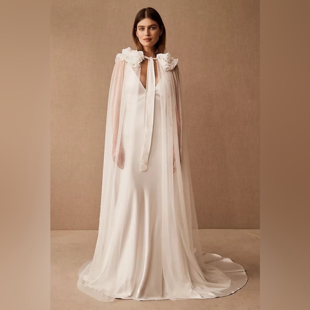 Sleeper Brand Sheer White Tulle Mesh Pearl Embellished Cape Ruffle Collar Ties